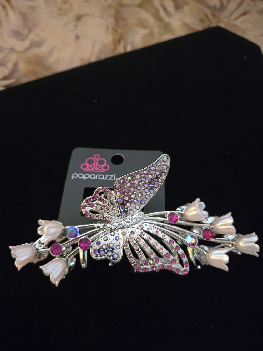 paparazzi Pink and Iridescent Butterfly Floral Hair Barrette